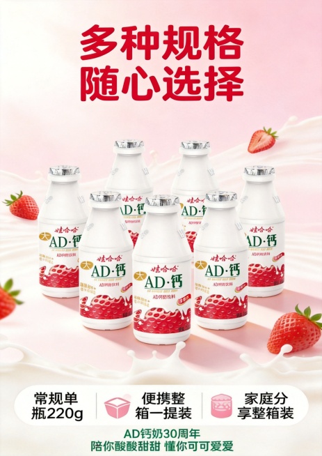[第8屏] 娃哈哈草莓味AD钙奶规格包装展示收尾页，A4尺寸。本屏功能定义：展示产品多规格组合包装和购买提示
[氛围/风格] 延续整体童心可爱风，粉色温馨背景，商业摄影质感，明快活泼
[元素布局] 画预览效果