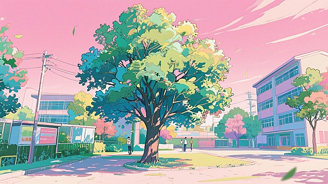 二次元，浪漫，约会，校园，树下，景点，天空，不要人物，生成10张，细节丰富，元素多彩，浅粉色，不要人物