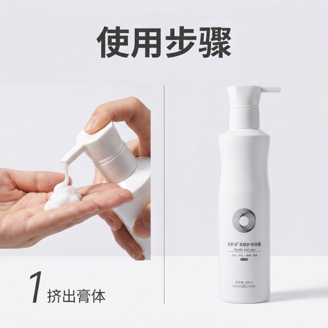[主图-5] 发膜使用流程展示首屏，简约高级风格。保持产品瓶身外观和输入产品图完全一致，不变形改色。产品放置在画面右侧，左侧搭配一张自然的手部挤出产品的特写，展示按压出膏体的过程，膏体和瓶身质地光影统预览效果