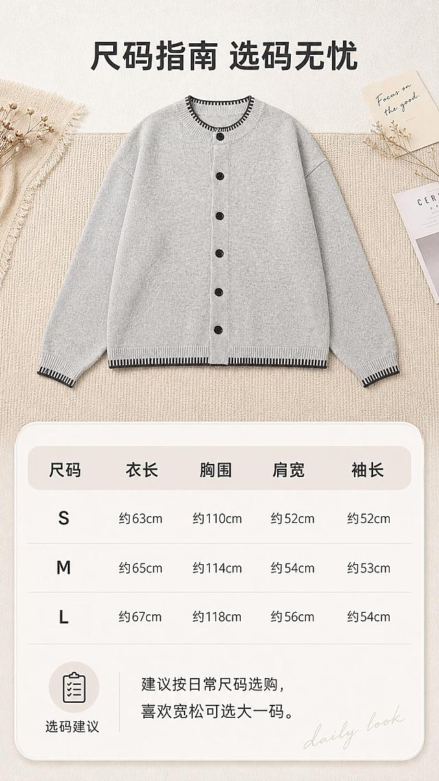 [商品] 使用【图1】浅灰色圆领针织开衫；商品处理：保留圆领、单排黑色纽扣、贝壳绣撞色领边/下摆/袖口、落肩长袖、宽松廓形、浅灰色针织面料和整体版型；自然去除衣身杂乱褶皱，理顺垂坠，增强针织纹理、缝线和纽扣质感，不改变版型、颜色和结构。
[画面] 目标：尺码信息页，辅助下单决策。构图：上半部分为开衫正面平铺全貌（占40%），下半部分为尺码表与选码建议（占60%）；产品位于上半部分居中；阅读动线从上到下；前景为浅米色针织垫，中景为开衫平铺与尺码信息卡，后景为米白色肌理背景。
[视觉] 套系策略：风格=韩系轻熟通勤高级商业摄影；标题字=现代简约无衬线粗体；正文字=纤细无衬线体；主色=浅灰米杏；背景延展=基于浅灰与米杏做深浅层级、同色渐变和细腻织物/纸张质感；强调色=深炭灰，仅用于小面积图标、引线和标签；标题色=深炭灰；正文色=中暖灰；组件=圆角浅底信息卡、细线引线、手写英文装饰；光影=正上方暖柔光，均匀柔和。
[文字] 顶部主标题"尺码指南 选码无忧"，下方尺码表含字段：尺码、衣长、胸围、肩宽、袖长（S/M/L三列，数值用"约"字保守表达）；尺码表下方选码建议：建议按日常尺码选购，喜欢宽松可选大一码；文字清晰，手机端可读。
[规格] 图片比例9:16竖版，4K，避免变形、错字、文字过小、冷蓝背景、衣服颜色改变、版型失真、极限词。