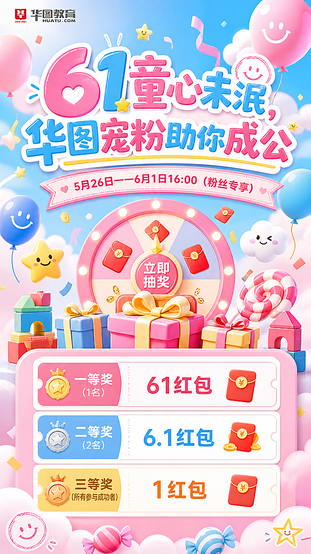 六一儿童节抽奖活动海报，标题："61童心未泯，华图宠粉助你成公"，副标题："5月26日——6月1日16:00（粉丝专享）"，奖品：一等奖（1名）：61红包，二等奖（2名）：6.1红包，三等奖（所有参与成功者）：1红包。海报设计风格活泼，采用儿童节风格元素，粉色蓝色清新配色，整体突出主题，信息排版清晰，适合宣传推广。