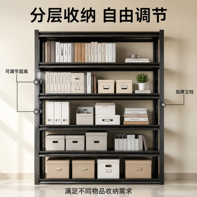 [主图-2] 黑色置物货架大容量分层结构展示主图
[氛围风格] 清晰直观突出产品结构优势，专业实用
[画质] 商业摄影质感，产品清晰真实，细节锐利，画面简洁高级
[元素] 黑色置物货架居中，每层均匀放预览效果