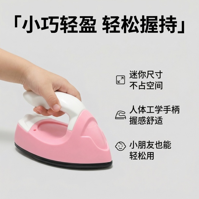 [详情页3] 核心卖点：小巧便携
[氛围/风格] 清晰直观，简洁专业
[画面元素] 小孩手握着拼豆熨斗，展示产品实际大小，保持产品外观完全不变，背景干净浅灰色，突出产品和握持比例
[文字版式] 顶部大预览效果