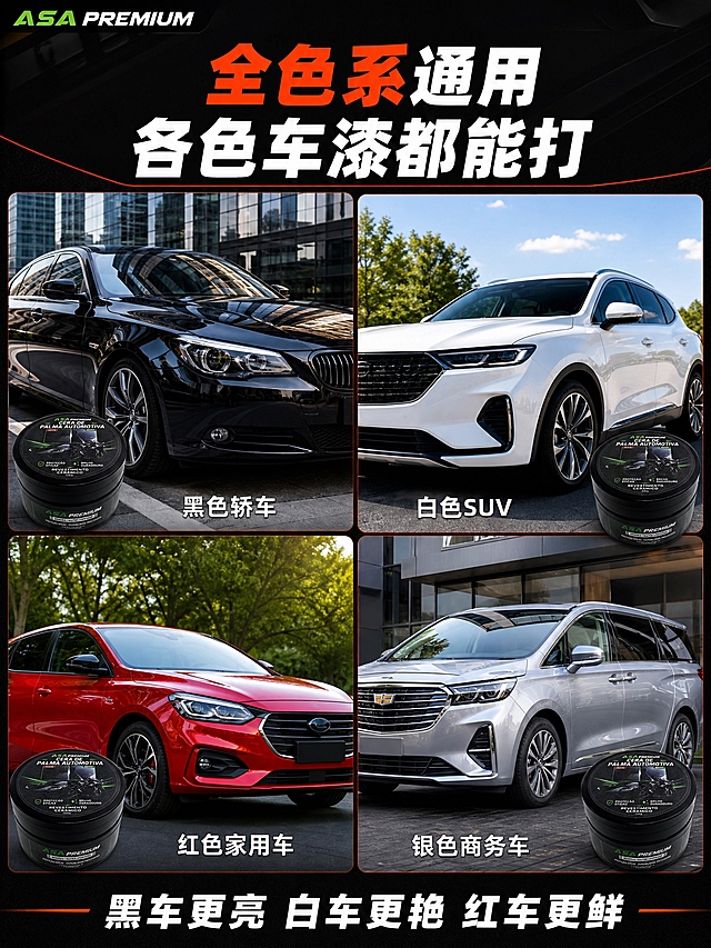 [商品] 使用【图1】ASA黑色圆罐装车蜡；保留黑色圆罐外形、ASA PREMIUM品牌标识、罐体颜色材质；产品标签文字保持原貌。
[画面] 页面目标：多场景多车型适用，突出全色系车通用卖点。构图为多场景拼图型，2×2四格场景展示，每格是不同车型/颜色的使用效果：左上格——黑色轿车，漆面高光反射城市建筑；右上格——白色SUV，车身干净光亮停在户外；左下格——红色家用车，漆面鲜艳有光泽；右下格——银色商务车，漆面细腻有质感。每格角落都有小型车蜡产品露出或品牌标识。画面中心或顶部有主标题区域。阅读动线：顶部标题→四格场景依次浏览→底部通用结论。
[视觉] 套系策略：风格=写实汽车场景摄影+拼贴电商风；标题字=粗黑体大字；正文字=无衬线黑体；主色=多彩车色+统一深色边框；背景延展=基于深灰黑色做拼图底板，四格各有独立场景色；强调色=橙红色，用于边框、标签和标题高亮；标题色=白色；正文色=白色+浅灰；组件=四格拼图卡片、车型标签、统一品牌角标；光影=每格独立场景自然光，整体统一高对比明亮调性。
[文字] 顶部主标题"全色系通用 各色车漆都能打"，白色粗体大字，"全色系"橙红色高亮；四格每格底部有白色小字车型标签："黑色轿车""白色SUV""红色家用车""银色商务车"；底部结论文案"黑车更亮 白车更艳 红车更鲜"，白色粗体字。所有文字横排，场景图为主文字为辅，不遮挡车身效果。
[规格] 图片比例3:4竖版，2K分辨率，避免车型比例失调、车色失真、产品变形、错字、拼图杂乱、水印、平台Logo。