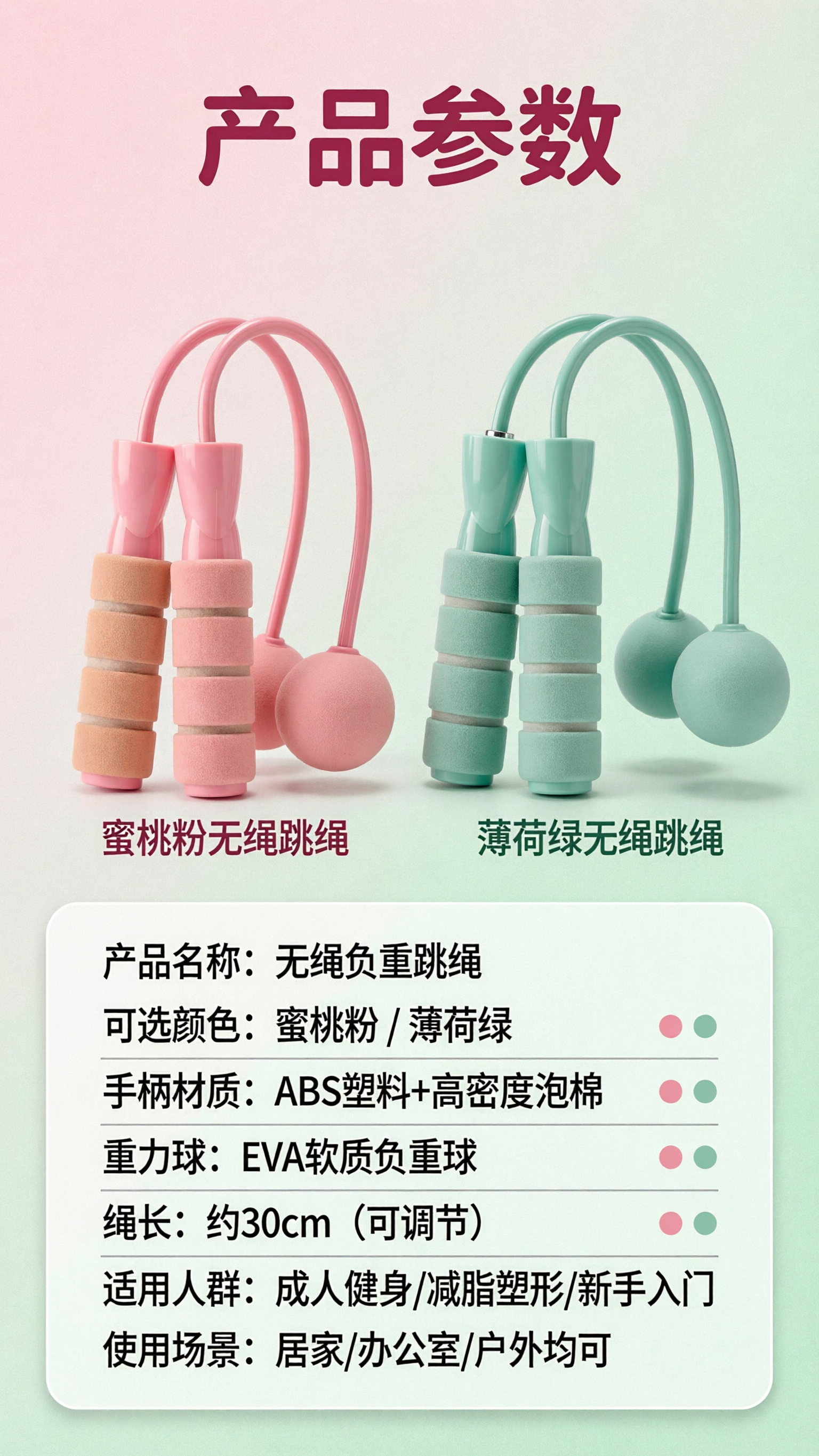 [商品] 使用【图1】蜜桃粉无绳跳绳和【图2】薄荷绿无绳跳绳；… - 图片创意预览