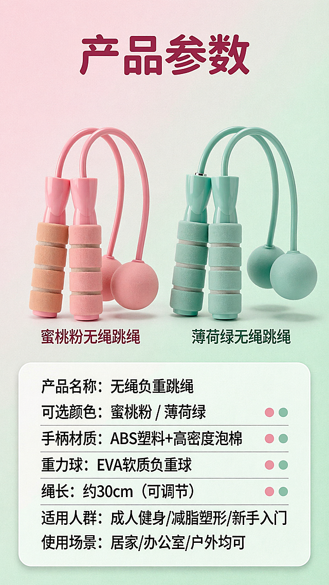 [商品] 使用【图1】蜜桃粉无绳跳绳和【图2】薄荷绿无绳跳绳；两款并排放置展示，保留各自的结构、颜色和材质特征，粉色款和绿色款区分清晰。
[画面] 页面目标：规格参数页，清晰展示产品信息和双色选择。构图：上下结构，上半区两款产品并排展示占画面40%，下半区圆角信息卡表格占画面50%；背景为浅粉到浅绿的柔和渐变。景别：产品中景+信息卡。阅读动线：从上产品到下参数。
[视觉] 套系策略：风格=清新活力马卡龙运动风商业摄影；标题字=圆润粗黑体；正文字=简洁无衬线体；主色=蜜桃粉+薄荷绿；背景延展=浅粉浅绿渐变背景，细腻磨砂质感；强调色=深玫粉，仅用于标题和重点数据；标题色=深玫粉；正文色=深灰；组件=圆角参数卡片、分隔线、双色圆点标识；光影=正上方柔光，产品底部有投影。
[文字] 顶部主标题"产品参数"，下方参数卡包含："产品名称：无绳负重跳绳"、"可选颜色：蜜桃粉 / 薄荷绿"、"手柄材质：ABS塑料+高密度泡棉"、"重力球：EVA软质负重球"、"绳长：约30cm（可调节）"、"适用人群：成人健身/减脂塑形/新手入门"、"使用场景：居家/办公室/户外均可"；文字均为横排，表格清晰易读。
[规格] 图片比例9:16竖版，4K分辨率，避免变形、错字、文字过小、参数虚构夸张、绝对化用语、平台Logo水印。