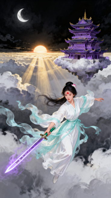 黎明前墨色天幕，一弯残月，双十年华女子御剑飞行，踏三尺青锋，素白裙裾风中翻飞，剑身泛淡紫霞光带符文，额间朱砂莲花印记，着月白交领襦裙浅青纱衣，朝阳跃出地平线，万道金光倾泻，女子身后紫宵阁悬浮云海，七重预览效果