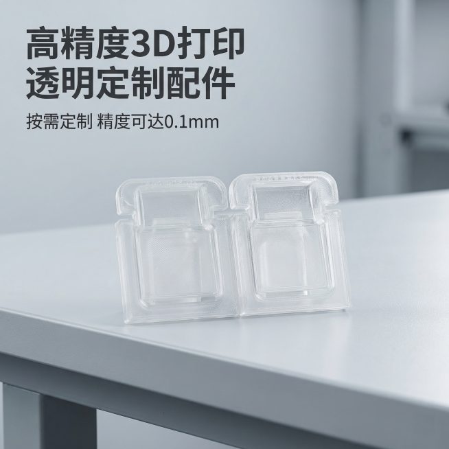 [主图 1] 高精度透明3D打印配件产品首图
[氛围风格] 简约专业工业风，干净通透
[画面元素] 商业摄影质感、光线柔和通透、产品清晰真实、画面干净高级。两个透明3D打印定制配件居中放置，摆放在干净预览效果