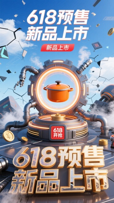 一个科技感十足的工业风场景，整体色调以银灰色和橙色为主。搭建一个类似科技传送装置的结构，将橙色锅具放置在装置内部的发光圆环中，清晰展示锅具外观。添加机械臂、管道、金币等元素，营造科技氛围。海报上方用醒预览效果