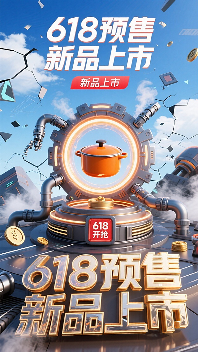 科技感十足的3D设计，机能风与金属风结合，展现618预售新品的未来感与高端品质。