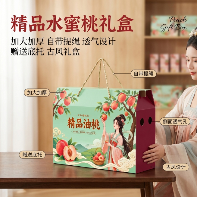 [单张主图] 商品名称：精品水蜜桃礼盒，路线：高级氛围感主图，主图目标：展示水蜜桃礼盒送礼质感，传递产品卖点。
[画面主体] 精品水蜜桃礼盒放置在木质桌子上，一位古装美女单手轻扶盒子侧边，礼盒的包装外预览效果