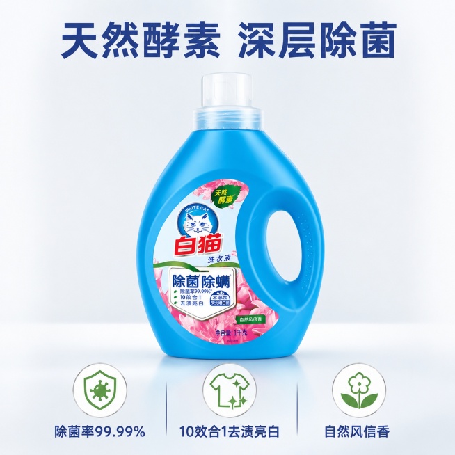 使用电商主图技能生成5张比例1:1的电商主图，适配平台为京东，商品为「图片1」，商品卖点为除菌除螨洗衣液1kg，不要出现其他产品辅助，不要出现第二件半件字眼，需看起来高端，需要一张带简绍的边框的主图，预览效果