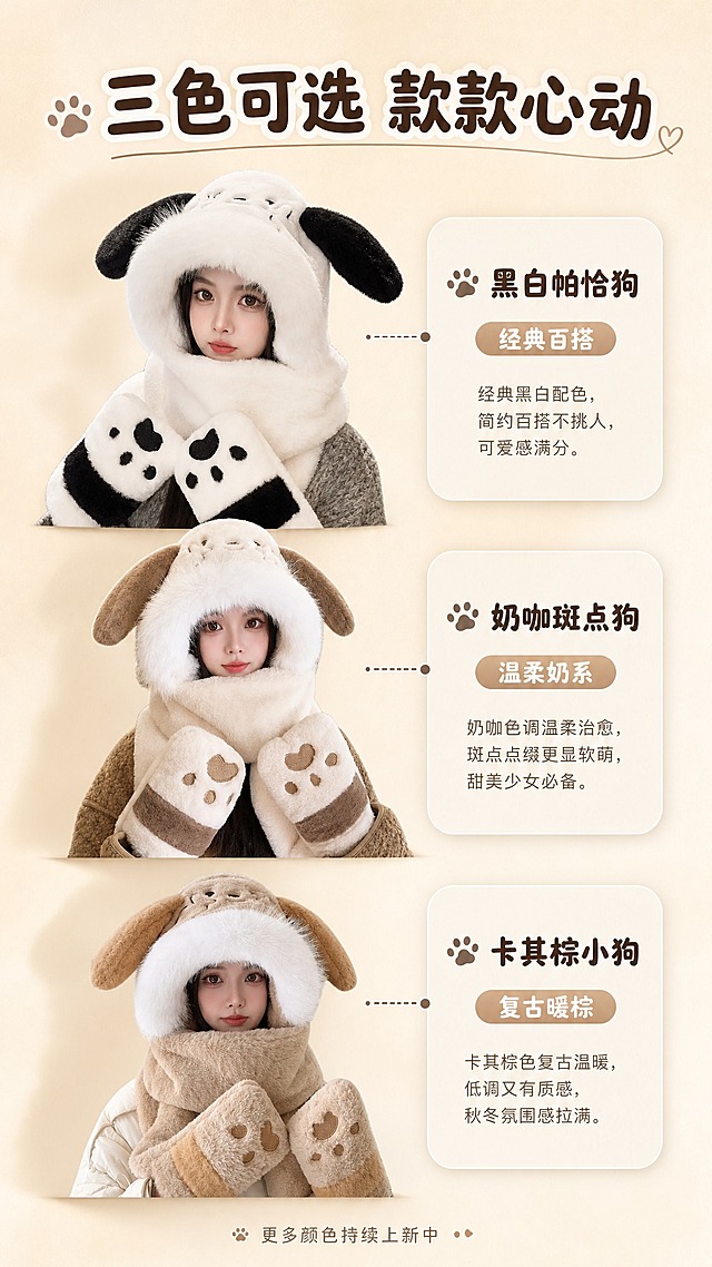 [商品] 使用【图7】黑白款、【图9】奶咖款、【图8】卡其棕款毛绒三件套；保留三款各自的造型、颜色和结构特征；统一毛绒质感处理，不改变各款版型。
[画面] 目标：多色系列展示页，清晰呈现全部颜色选择。构图：三列矩阵竖版，上中下三行分别展示黑白款、奶咖款、卡其棕款的模特半身正面图，每款占画面约30%高度；左侧对齐排列，右侧对应色号名称和简短描述；背景为纯净暖米色渐变+底部柔和投影。阅读动线：从上至下，顶部标题→三款依次排列→底部选购引导。
[视觉] 套系策略：风格=简约暖调日系少女风商业摄影；标题字=圆润可爱无衬线粗体；正文字=简洁纤细无衬线体；主色=奶白米杏；背景延展=基于奶白米杏做深浅渐变、同色系柔和晕染和细腻毛绒/纸张质感；强调色=奶茶棕，仅用于小面积图标、引线和标签；标题色=深咖棕；正文色=暖灰棕；组件=圆角浅底信息卡、细线引线、可爱爪印小图标；光影=左前侧暖柔自然光，三款光影统一。
[文字] 顶部主标题："三色可选 款款心动"；三款右侧分别标注："黑白帕恰狗""奶咖斑点狗""卡其棕小狗"；每款下方加1个小标签："经典百搭""温柔奶系""复古暖棕"；底部小字："更多颜色持续上新中"；文字不遮挡模特和产品。
[规格] 图片比例9:16竖版，4K，避免变形、错字、文字过小、冷蓝背景、三款质感不统一。