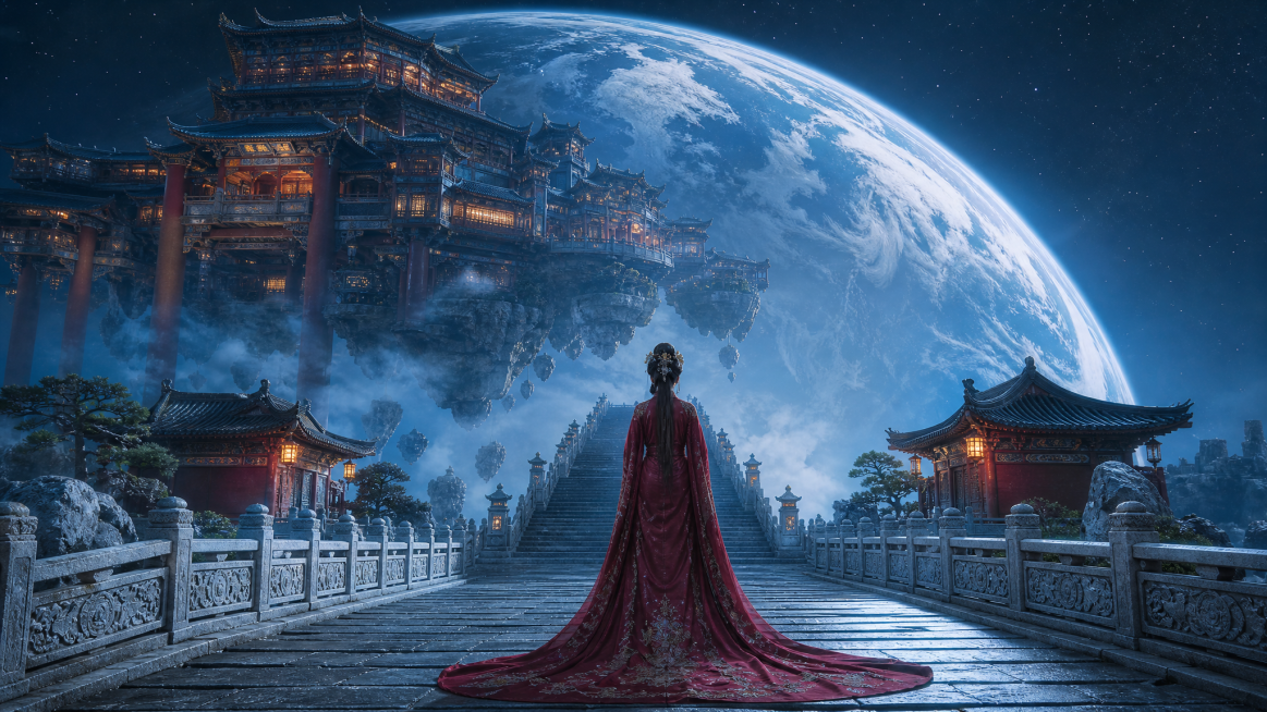 构图为横屏16:9强纵深透视，长条石阶天梯向行星方向延伸，红衣女子居于步道中轴视觉中心，巨型浮空天宫占据画面左上方。人物是背影古装女子，身着通体酒红暗纹长款拖尾广袖汉服，精致古风盘发，衣摆垂铺石阶，身预览效果