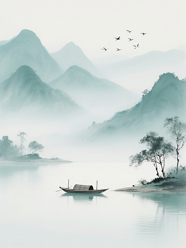 新中式水墨风格山水画卷，以柔和的青绿色调为主，远处层叠的山峦在薄雾中若隐若现，近处平静的湖面上一叶扁舟静静漂浮，岸边点缀着几株水墨风格的树木，天空中一群飞鸟自由翱翔，整体画面营造出宁静悠远的意境，构图采用传统山水画的高远视角，留白恰到好处，展现出空灵淡雅的东方美学韵味。