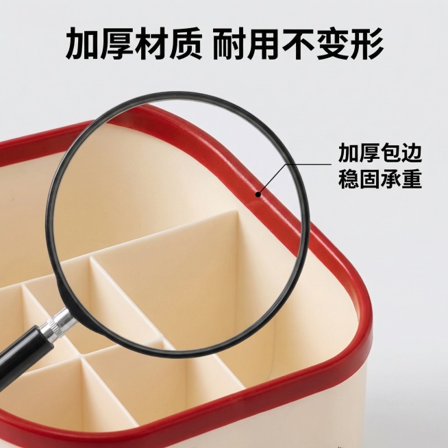 [主图 3] 卡通收纳盒材质细节展示
[氛围/风格] 干净简约，清晰质感，突出细节
[画面元素] 保持原图产品整体造型不变，放大展示收纳盒的加厚边缘和分区隔层细节，叠加圆形放大镜框，框内突出加厚材质纹预览效果
