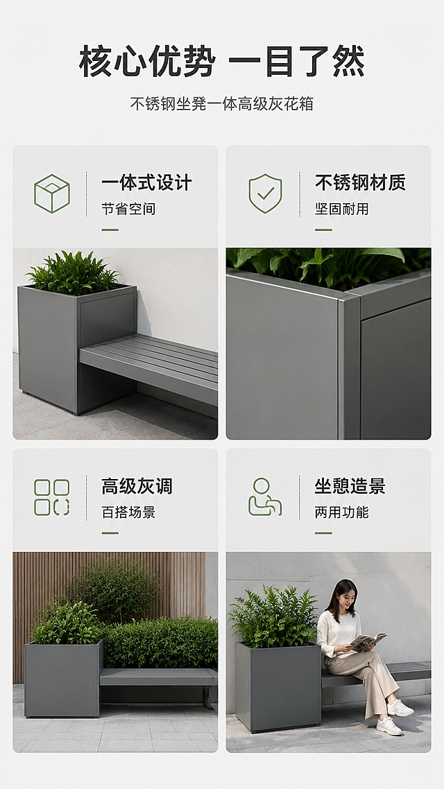 [第2屏] 详情页核心卖点总览 - 不锈钢坐凳一体高级灰花箱。本屏使用【图1】提取商品视觉特征做四宫格展示。
[氛围/风格] 干净简约卖点卡风格，浅灰底色，清晰信息分区，专业利落商业设计感。
[元素布局] 顶部留1/6区域放主副标题，下方2×2四宫格排列，每个宫格展示一个核心卖点，图文各占一半，图标+文字+产品细节图组合；整体排版规整，间距合适。
[光影质感] 均匀柔和布光，文字和图标清晰锐利，每个宫格内产品细节清晰可见，无大面积死黑或过曝。
[配色色系] 全局底色 #F8F8F8；主色深灰标题文字；辅助色浅灰色信息条、绿色图标点缀；整体低饱和清爽配色。
[视角构图] 平面排版式构图，信息分区明确，从上到下依次阅读。
[文字版式] 顶部主标题「核心优势 一目了然」，四个宫格分别为：「一体式设计 节省空间」「不锈钢材质 坚固耐用」「高级灰调 百搭场景」「坐憩造景 两用功能」，每个卖点配简约线条图标，文字清晰不重叠。
[比例分辨率] 9:16 竖版比例，2K分辨率，文字清晰可辨，高清画质。
[负向提示词] 排版拥挤，文字错乱，图标变形，颜色刺眼，产品模糊，结构偏差