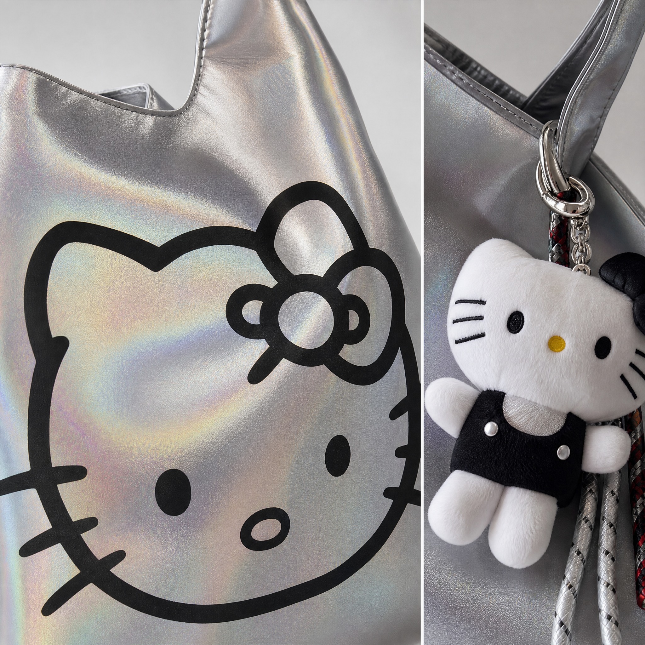 [主图-4] 银色镭射Hello Kitty托特包细节特写，展… - 图片创意预览