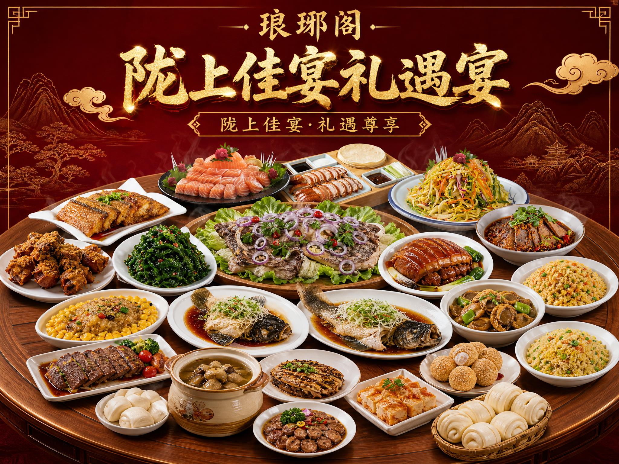 抖音团购套餐主图，新中式奢华风：深红/酒红色渐变背景，金色书法… - 图片创意预览