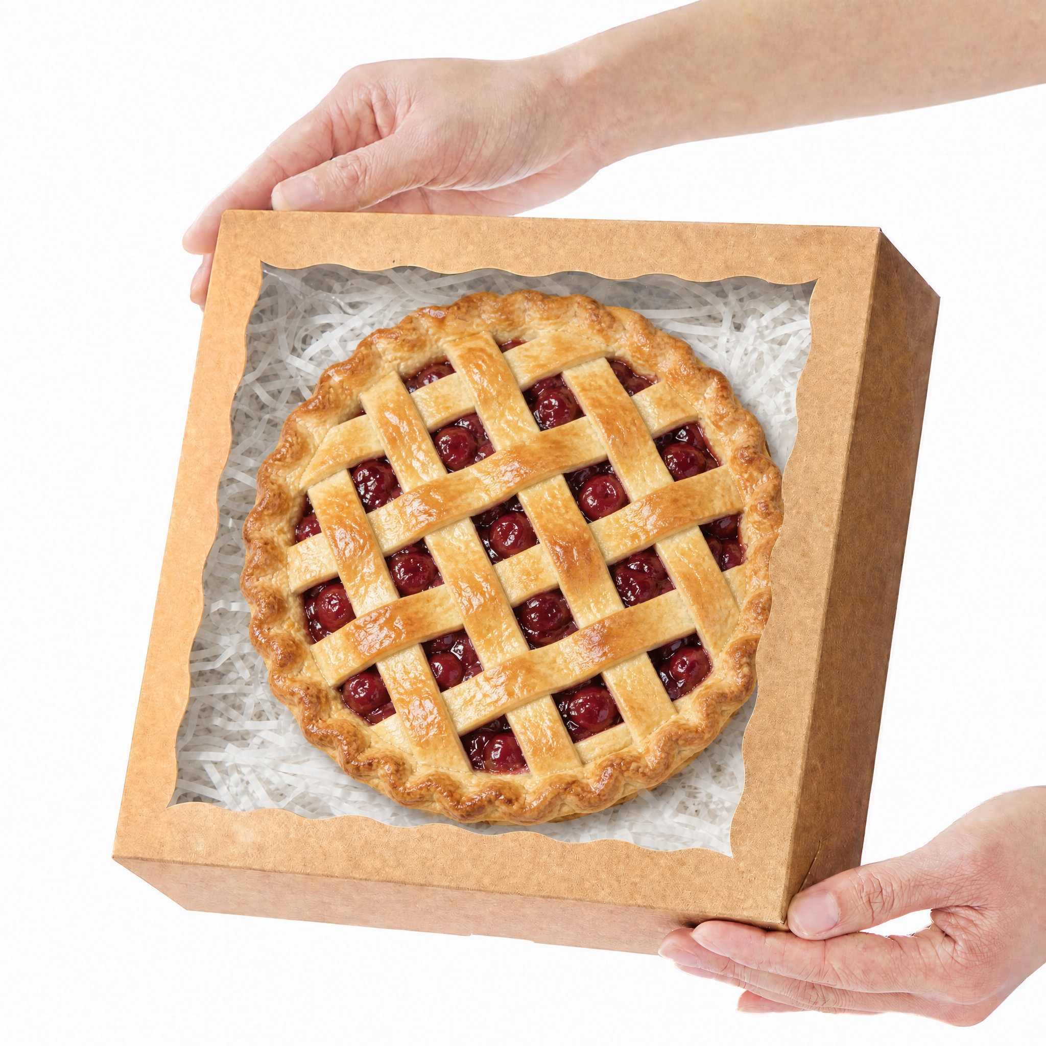 在盒子开窗内的拉菲草上放置一个大的樱桃派(Cherry Pie… - 图片创意预览