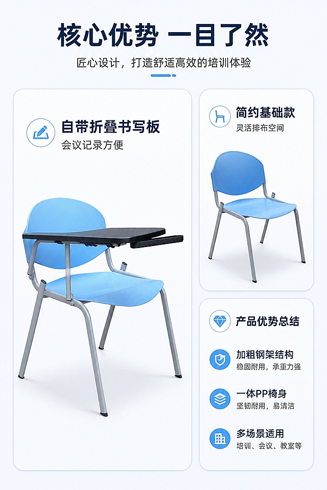 [第3屏] 核心卖点总览页-蓝色培训椅产品优势总览。本屏使用【图2】【图4】分别展示基础款和带写字板款产品。
[氛围/风格] 现代简约卡片式设计，清晰专业，商务质感。
[元素布局] 顶部标题区，下方左大右小错落卡片布局：左侧大卡片放置带写字板产品图，右侧上下两个小卡片分别放置基础款产品图和卖点总结卡；产品外观颜色结构与输入图一致。
[光影质感] 柔和均匀布光，卡片区分清晰，产品阴影自然。
[配色色系] 全局底色 #F5F7FA；主色蓝色产品，辅助色深灰文字，浅蓝卡片边框。
[视角构图] 从上到下，左主右次阅读动线，信息层级清晰。
[文字版式] 顶部主标题「核心优势 一目了然」，左侧大卡片标注「自带折叠书写板 会议记录方便」，右上小卡片标注「简约基础款 灵活排布空间」，右下小卡片分三点列卖点：加粗钢架结构/一体PP椅身/多场景适用。文字不遮挡产品主体，手机端清晰可读。
[比例分辨率] 9:16 竖版比例，4K分辨率，文字清晰可辨，高清画质。
[负向提示词] 产品变形，颜色偏差，缺件错件，文字错乱，水印，排版拥挤