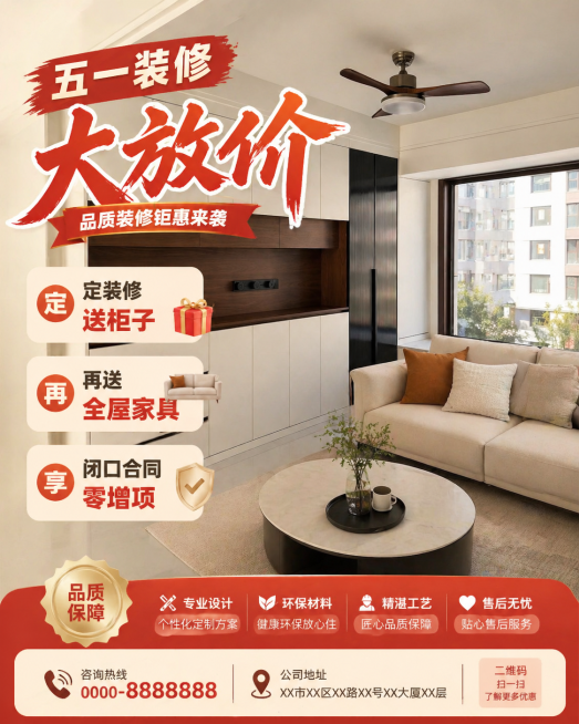 五一装修促销活动海报，使用这张定制衣柜实景图，在画面中添加现代沙发和茶几，加上活动宣传文字，内容为定装修送柜子，再送全屋家具，闭口合同零增项，预留电话和公司地址位置预览效果