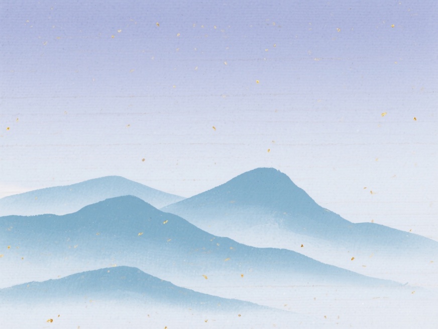 一幅中国风意境水墨画风格的背景图，画面底部以层叠起伏的淡青色山峦剪影为主体元素，山峰轮廓线条柔和流畅，呈现出简约写意的东方美学韵味。整体画面采用淡雅的靛蓝色调为主色系，搭配浅灰紫色的渐变天空背景，营造出宁静悠远的氛围。背景纹理替换为细腻的宣纸洒金质感，纸张表面带有轻微的横向纹理和淡雅的金色细点，增强画面的层次感和典雅气息，整体构图留白充足，保持原有的简洁空灵设计感，无任何文字和标识元素。预览效果