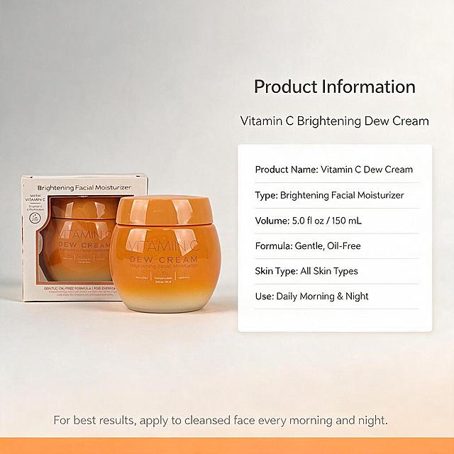 [第5张] 亚马逊跨境详情页规格信息页 - Vitamin C Dew Cream 产品参数与使用说明。本张使用【图1】中的橙色面霜罐 + 白色包装盒作为产品展示，置于左侧，产品外观与输入图完全一致。
[氛围/风格] 简洁专业，跨境电商规格页风格，清晰易读，商业摄影质感。
[元素布局] 左侧为产品罐身和包装盒，罐身在前盒在后，占画面约40%；右侧为参数信息区，占画面约50%；背景为浅灰色到米白色的柔和渐变；底部有一条浅橙色装饰条；产品物理结构、颜色、包装文字与输入图完全一致。
[光影质感] 正面柔光，产品清晰锐利，底部柔和投影，整体干净明亮。
[配色色系] 全局底色浅灰米白 #F5F2EE；主色暖橙 #FF8C42；辅助色白色卡片、浅灰分割线；文字色深灰 #333333、次深灰 #666666。
[视角构图] 左物右表横向布局，阅读动线左产品 → 右参数表 → 底部使用提示。
[文字版式] 全英文文案，右对齐参数表布局。顶部主标题「Product Information」，副标题「Vitamin C Brightening Dew Cream」；右侧参数表分行列出：「Product Name: Vitamin C Dew Cream」「Type: Brightening Facial Moisturizer」「Volume: 5.0 fl oz / 150 mL」「Formula: Gentle, Oil-Free」「Skin Type: All Skin Types」「Use: Daily Morning & Night」；底部使用提示「For best results, apply to cleansed face every morning and night.」；文字左对齐，行间距舒适，清晰易读。
[比例分辨率] 1:1 正方形比例，1K 分辨率，文字清晰可辨，高清画质。
[负向提示词] 中文字符，产品变形，包装文字错乱，缺件错件，水印，文字模糊，价格信息，折扣信息。