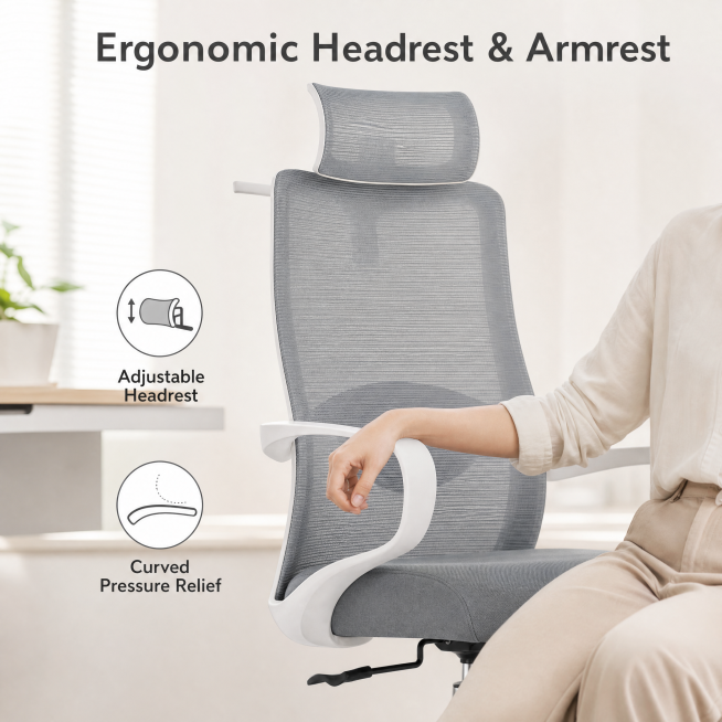 [Main Image 6] Comfortable headrest and armrest detail display.
[Atmosphere Style] Real office scene预览效果