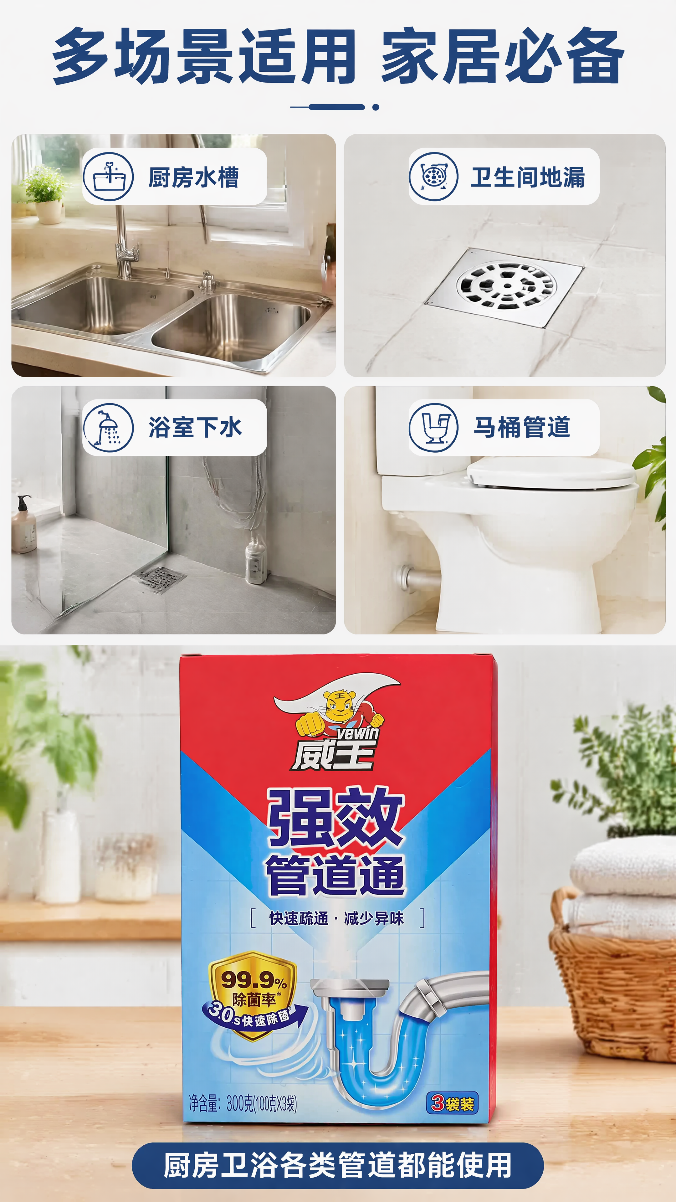 [第5屏] 多场景适用展示屏，介绍威王强效管道通可使用的位置与… - 图片创意预览