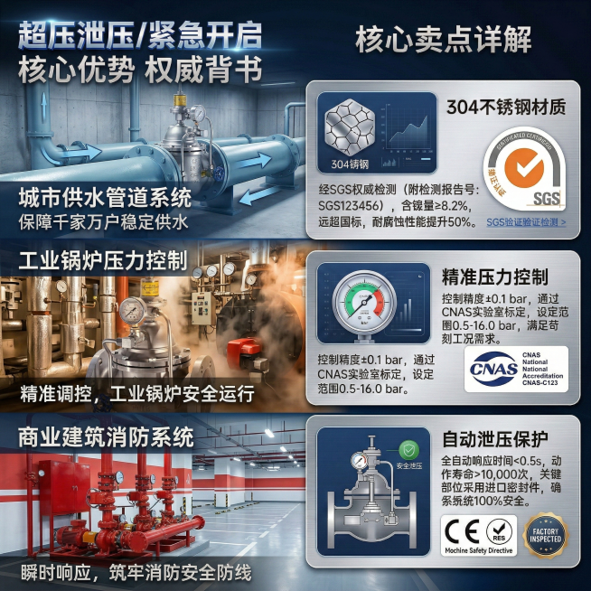 重新生成淘宝详情页场景应用图，展示可拉伐500X持压泄压阀在不同场景的应用：1. 城市供水管道系统、2. 工业锅炉压力控制、3. 商业建筑消防系统，每个场景用真实的工业环境画面，突出产品在保障系统安全预览效果