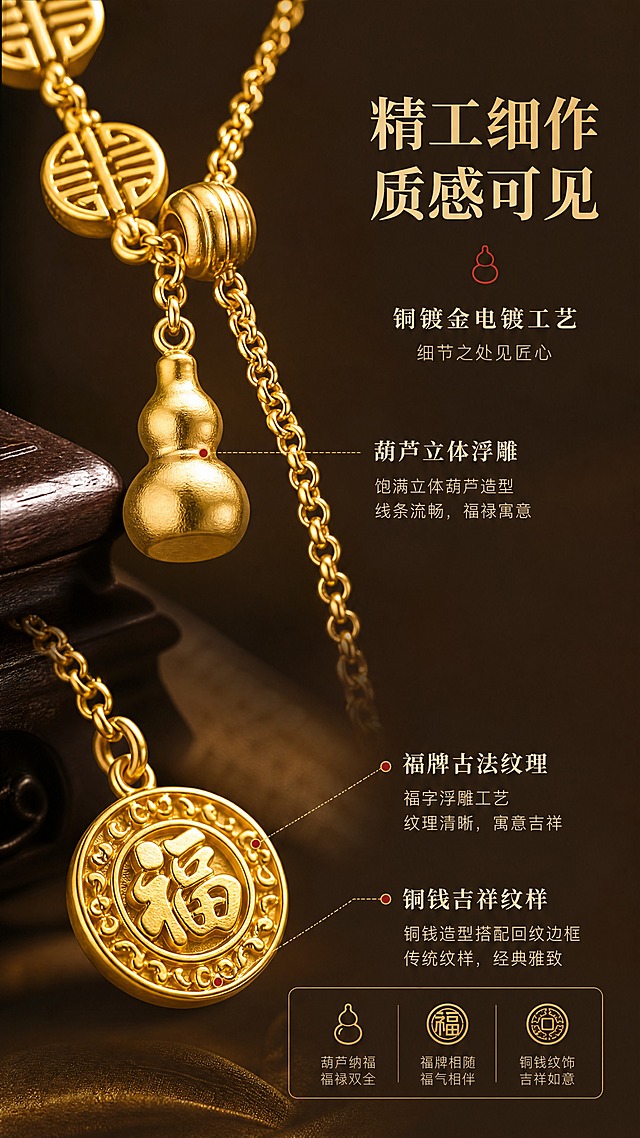 [商品] 使用【图1】清风茗饰福禄满满项链；保留金色细链、铜钱纹圆牌、葫芦吊坠、福牌流苏、抽拉可调节结构、铜镀金颜色与材质光泽；微距放大葫芦与福牌细节，增强电镀金属光泽与纹理清晰度，不改变商品结构。
[画面] 页面目标：细节工艺展示，突出铜镀金精致质感。微距质感型构图，画面上方为葫芦吊坠特写，下方为福牌与铜钱纹圆牌特写，左右分布形成对比；主体占画面70%，背景为深棕色渐变衬托金属高光；右侧或底部留白放文案与引线标注。
[视觉] 套系策略：风格=东方雅致国风轻奢商业摄影；标题字=宋体衬线粗体；正文字=简洁无衬线体；主色=暖金+米杏；背景延展=基于米杏色做深浅渐变、同色系层次与细腻宣纸/丝绸质感；强调色=朱砂红，仅用于小面积图标、引线和标签点缀；标题色=深棕金；正文色=暖灰棕；组件=圆角金线信息卡、细金线引线、葫芦/福纹小图标；光影=侧逆光勾勒金属轮廓，正面补光突出纹理，金属高光锐利清晰。
[文字] 右侧主标题"精工细作 质感可见"，副标题"铜镀金电镀工艺"；细金线引线分别标注3处细节：「葫芦立体浮雕」「福牌古法纹理」「铜钱吉祥纹样」；文字横向排版，不遮挡关键细节。
[规格] 图片比例9:16竖版，4K，负向提示：避免变形、错字、文字过小、冷蓝/冷灰背景、商品颜色改变、结构失真、极限词、二维码、水印。