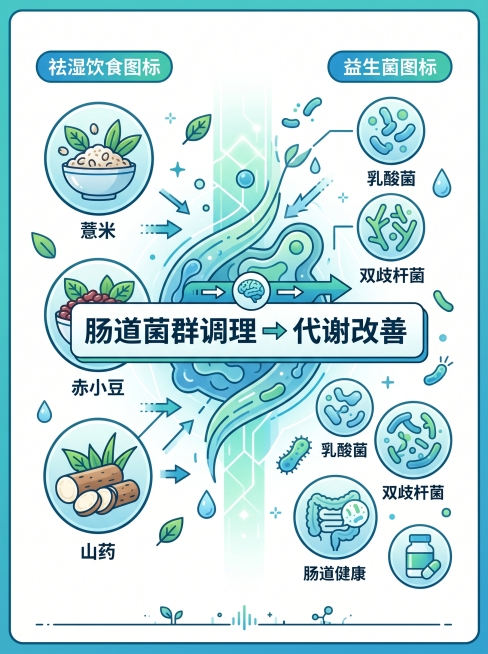 信息图表风格，左侧是祛湿饮食图标（薏米、赤小豆、山药），右侧是益生菌图标，中间标注“肠道菌群调理→代谢改善”，蓝绿色调，简洁现代预览效果