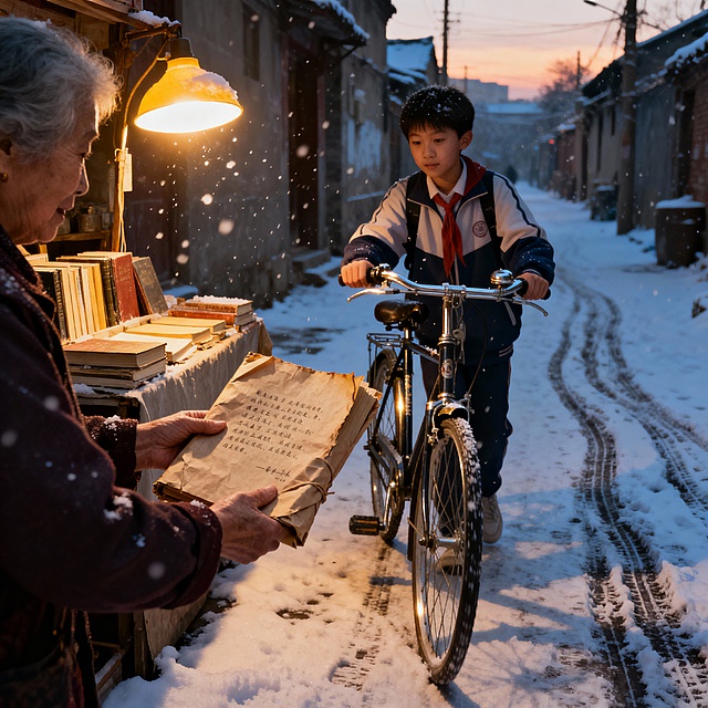 帮我以 “冬日里的一次意外相遇” 为主题创作短篇故事 PPT 的文案，要求情节完整、情感真挚且具有画面感，PPT 文案需分页面呈现，包含标题页、情节发展页、结尾页，整体字数适中。
成品文案
标题页
标题：雪落时的暖光
副标题：冬日里的一次意外相遇
配图提示：飘着细雪的老巷，昏黄路灯晕开暖光
第 1 页：巷口的困境
晚课后的老巷浸在雪雾里，我攥着冻僵的手机 —— 电量彻底清零，自行车还爆了胎。寒风裹着雪粒往领口钻，我蹲在车旁，指尖连解围巾的力气都快没了。
第 2 页：旧书摊的光斑
“要帮忙吗？”
抬眼时，巷口旧书摊的马扎上，坐着裹藏青色围巾的奶奶，手里攥着暖手宝，摊前的台灯把雪粒照得像碎钻。她指了指摊后的热水壶：“先暖暖，我孙子以前总在这修自行车，工具还留着。”
第 3 页：雪地里的修补
奶奶蹲在车旁，老花镜滑到鼻尖，皲裂的手攥着扳手拧螺丝。我捧着热姜茶，看见她围巾角沾了雪，发梢也落了白 —— 原来她的书摊早该收了，却在等晚归的学生避雪。
第 4 页：相遇的余温
车修好时，雪停了。奶奶塞给我一本裹着牛皮纸的旧诗集：“这巷子里的雪，每年都等有人陪它落完。”
后来每个雪天，我都会绕到老巷，要么带杯热奶茶，要么只是蹲在书摊旁，看奶奶把台灯拧得更亮些。
