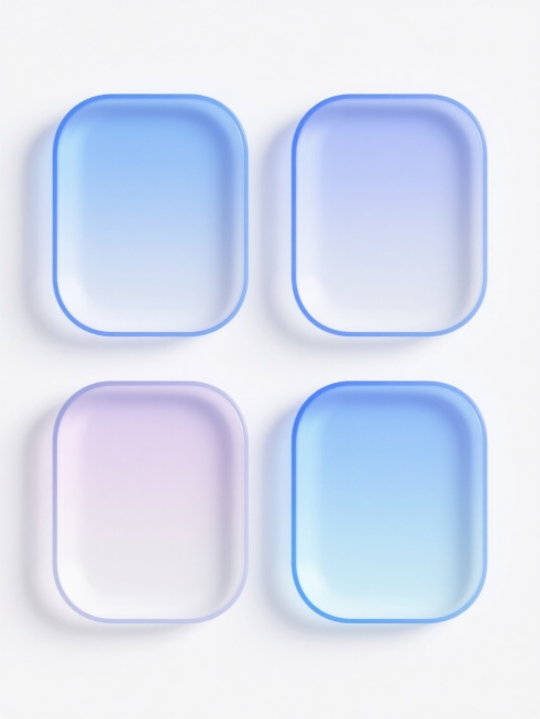 白色背景上，四个具有相同风格的圆角矩形元素规整排布，每个元素都拥有半透明玻璃质感、微妙的渐变光影效果和清晰的蓝色描边，整体色彩变换为不同的柔和色调，元素类目保持一致但内容完全不同，呈现出简洁现代的设计感。预览效果