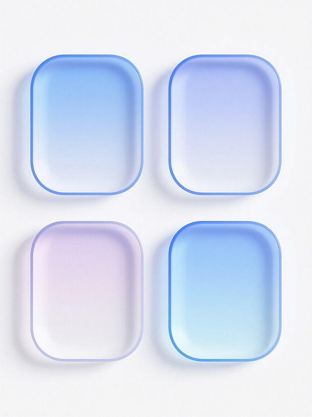 白色背景上，四个具有相同风格的圆角矩形元素规整排布，每个元素都拥有半透明玻璃质感、微妙的渐变光影效果和清晰的蓝色描边，整体色彩变换为不同的柔和色调，元素类目保持一致但内容完全不同，呈现出简洁现代的设计感。