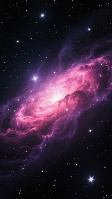 超高清宇宙星空背景，深邃的黑色太空布满闪烁的白色星星，中央是梦幻般的星云，呈现出明亮的粉红色和深邃的紫色交织的色彩渐变，星云形态如同飘逸的丝绸，边缘柔和模糊，内部有明亮的光点和光芒四射的区域，整体光影效果梦幻而神秘，营造出宁静而壮丽的宇宙氛围，高对比度，细节丰富，色彩饱和，具有强烈的视觉冲击力。预览效果