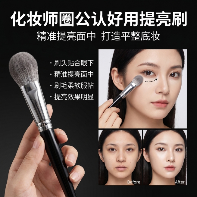 严格还原上传的面中提亮刷产品图，包括产品形态、颜色、文字内容、使用场景等所有细节，整体采用专业高级美妆杂志风，主色调为黑色 (#000000) 与银色 (#C0C0C0)，搭配白色、灰色作为辅助色。画预览效果