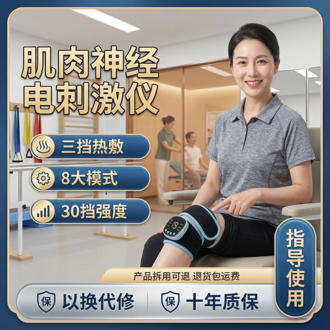 全新重新生成第三张：保持肌肉神经电刺激仪产品外观不变，更换全新中老年女性模特，改变为膝盖康复佩戴动作，更换背景为康复训练室，保留全部原卖点文字内容，使用和之前所有生成图都不同的配色和框架设计，专业医疗预览效果