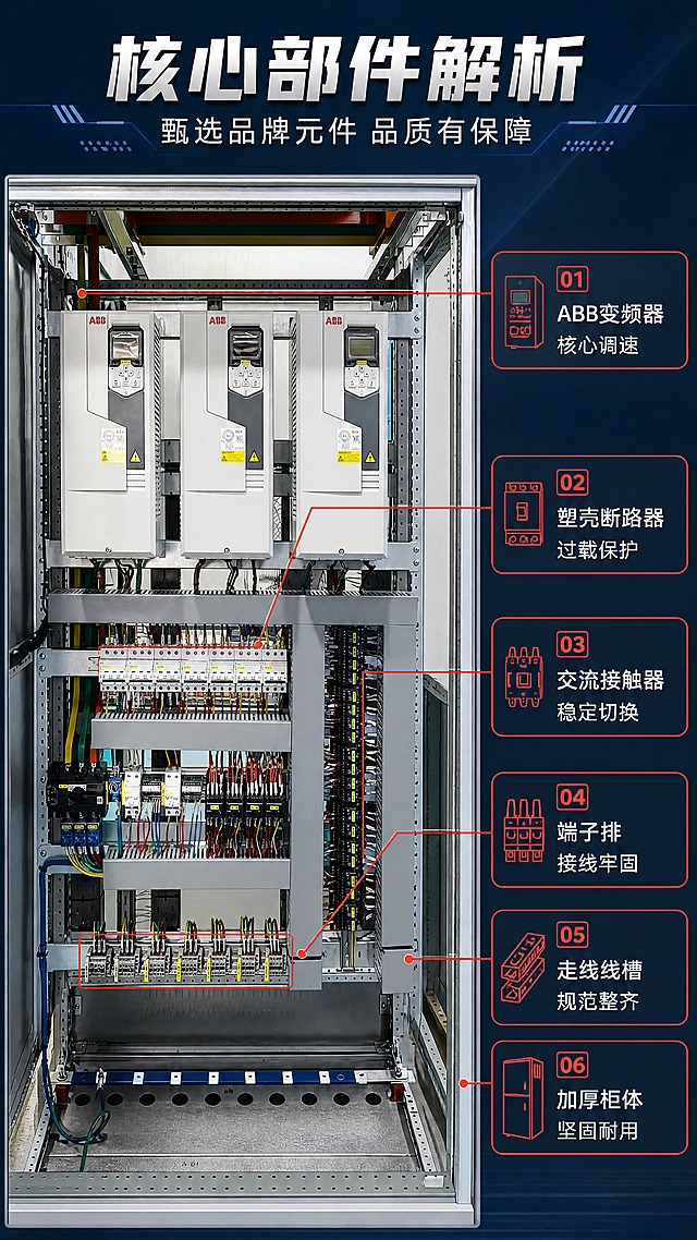 [商品] 使用【图1】ABB变频器控制柜内部结构图；商品处理：保留三台ABB变频器（含ABB红色Logo、面板、警示标）、塑壳断路器、接触器阵列、端子排、线槽、走线的真实结构、颜色和位置；清晰化元件细节，不改变比例和布局。
[画面] 目标：核心部件结构解析页，展示柜内关键元件与材质工艺。构图：左侧为控制柜内部放大图（占画面60%），右侧为结构标注信息区；用红色细线+红框从产品各部件引出标注，指向右侧说明卡。标注部位包括：ABB变频器（核心）、塑壳断路器、交流接触器、接线端子排、走线线槽、柜体框架。阅读动线：从左到右，先看产品再看标注说明。
[视觉] 套系策略：风格=工业科技风商业摄影；标题字=粗黑无衬线工业字体；正文字=简洁无衬线体；主色=深蓝+银灰；背景延展=深蓝渐变底+细腻金属质感；强调色=橙红色，仅用于引线、标注框、小图标高亮；标题色=白色/浅银灰；正文色=浅灰；组件=红框标注、引线、圆角深色说明卡；光影=正面均匀冷光，突出各元件轮廓和细节。
[文字] 顶部主标题："核心部件解析"（6字），副标题："甄选品牌元件 品质有保障"（12字）；6个部件标注说明，每项6-8字："ABB变频器 核心调速""塑壳断路器 过载保护""交流接触器 稳定切换""端子排 接线牢固""走线线槽 规范整齐""加厚柜体 坚固耐用"；文字全部横排，手机端可读。
[规格] 图片比例9:16竖版，4K，负向提示：避免变形、错字、文字过小、元件缺失、颜色失真、暖黄色调、卡通风格、极限词宣传。