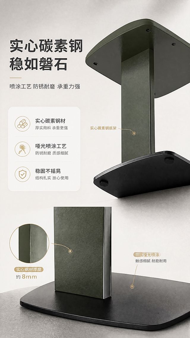 [商品] 使用【图1】DJ-8815橄榄绿角几底架部分；保留深灰碳素钢底架造型、C型结构、比例；增强金属喷涂哑光质感与实心钢材厚重感。
[画面] 目标：底架结构解析，突出实心碳素钢喷涂工艺与稳固承重。构图：左文右图，左侧1/3文案区，右侧2/3为底架仰视+侧视特写，展示实心钢材厚度与哑光喷涂表面质感。用引线标注底架关键部位。背景为浅灰色渐变+细腻质感。
[视觉] 套系策略：风格=现代轻奢亮调家居商业摄影；标题字=现代无衬线粗体；正文字=简洁无衬线体；主色=米白+浅灰+橄榄绿；背景延展=基于米白浅灰做深浅层级、同色渐变和细腻墙面/织物质感；强调色=暖金色，仅用于小面积图标、引线和标签；标题色=深炭灰；正文色=中暖灰；组件=圆角浅底信息卡、细线引线、胶囊标签；光影=左前侧暖柔光，柔和阴影。
[文字] 左侧文案：主标题"实心碳素钢 稳如磐石"（8字），副标题"喷涂工艺 防锈耐磨 承重力强"（12字），3个卖点：「实心碳素钢材」「哑光喷涂工艺」「稳固不摇晃」。引线标注"实心碳素钢底架"。
[规格] 比例9:16竖版，分辨率4K，负向提示：避免变形、错字、文字过小、冷蓝背景、产品颜色改变、结构失真。