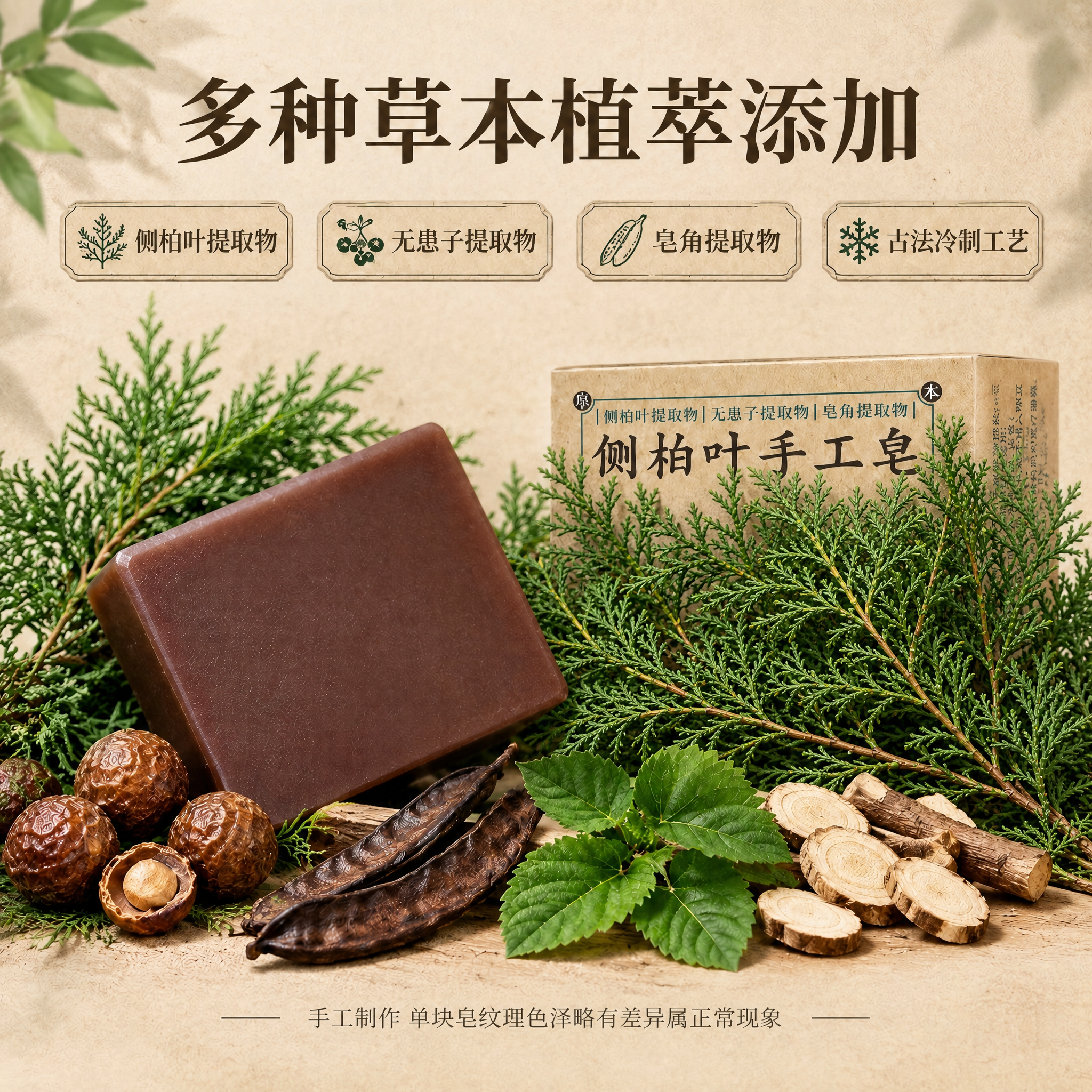 在这张图的基础上，用真实的侧柏叶枝叶自然地遮挡住牛皮纸盒的下半… - 图片创意预览