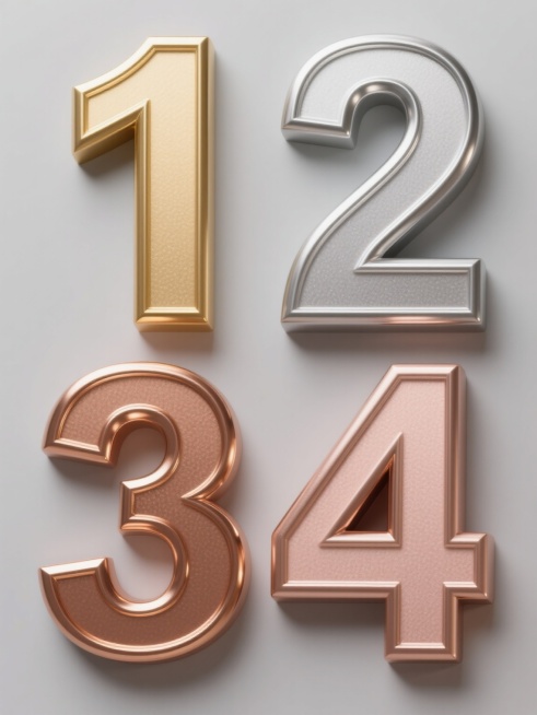 四个等大的3D立体数字，分别为“1”、“2”、“3”、“4”，每个数字采用不同颜色的金属质感，“1”为金色、“2”为银色、“3”为铜色、“4”为玫瑰金色，均具有磨砂表面与高光边缘的细节，统一的纯色背景，数字结构为带有边框的厚重几何体，整体呈现出精致、高端的工业设计感，四个数字规整地排列成一行，彼此间距均匀，形成系列感强的数字图标集合。预览效果