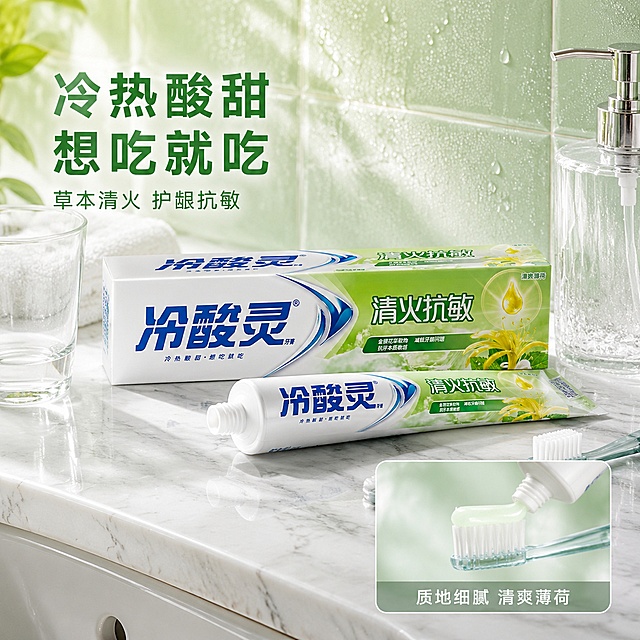 [主图-4] 冷酸灵清火抗敏牙膏使用场景图 画中画拼图版式。
[氛围风格] 清新生活场景风 真实使用场景 自然真实。
[画质] 商业摄影质感 光线柔和通透 画面干净高级 生活感。
[元素] 画面主视觉为浴室洗漱台场景 白色大理石台面 台上放着冷酸灵清火抗敏牙膏盒和打开的牙膏 旁边有牙刷 玻璃杯 背景是浅绿瓷砖墙 有轻微水雾效果 画面右下角画中画小框 框内是牙膏挤在牙刷上的质地特写 膏体细腻 画中画框有白色细边框 框下方标注质地细腻 清爽薄荷 保持牙膏盒外观即物理结构材质质感颜色与输入产品图绝对一致 杜绝任何变形和色差 精细化处理 商品主体占比约50% 画面满屏无边框。
[光影] 柔和浴室自然光 主光从窗户方向照射 台面有柔和反光 水雾有通透感 整体明亮温馨 生活感。
[配色] 主色调白色 浅绿 辅助色冷酸灵蓝 大理石灰。
[视角构图] 平视视角 浴室场景为主 右下角画中画小图 前中后景分层 景深中等。
[文字版式] 画面左上方主标题冷热酸甜 想吃就吃 绿色大号粗体无衬线 下方辅助小字草本清火 护龈抗敏 约主标题一半高度 颜色略浅 画中画框下方标注质地细腻 清爽薄荷 白色文字加轻微半透明底 现代无衬线字体 文字清晰可读。
[输出要求] 1:1比例 文字清晰锐利 画面超高清商业摄影质感。
[负向提示词] 变形 文字错乱 产品图模糊 背景杂乱 水印 电商平台Logo 二维码。