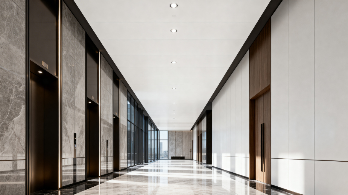 欧美空间设计，现代轻奢办公楼走廊，天花使用白色1200x2400mm铝蜂窝板大板，搭配嵌入式筒灯，大空间走廊，强设计感，现代简约风格，高级，天花清晰可见，高清4k，质感细腻预览效果