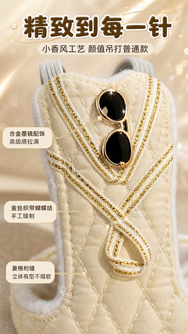 [商品] 使用【图1】米白菱格绗缝背带正面细节图；商品处理：保留背带V型领口、金色墨镜五金装饰、金丝织带交叉蝴蝶结、菱格绗缝线、内侧毛绒边缘、灰色肩带；增强五金反光质感、织带金线光泽、缝线立体感，自然去除面料上的细小灰尘和线头，不改变结构和颜色。
[画面] 页面目标：细节质感展示，突出小香风工艺精致度。构图：中心主体放大，背带上半部分墨镜装饰区域占画面70%，微距特写。上方标题区，下方3个细节标注点用金色引线指向对应部位。阅读动线从上到下，从中心向四周扩散。前景：柔焦米白绒布台面；中景：背带细节主体；后景：暖米色渐变虚化背景，点缀细碎金色光斑。
[视觉] 套系策略：风格=拼多多萌系轻奢商业摄影风；标题字=圆润粗黑体加描边；正文字=简洁圆角无衬线体；主色=暖米白+香槟金；背景延展=基于暖米白做深浅渐变、同色系柔焦和绸缎质感；强调色=香槟金，用于引线、图标和装饰圆点；标题色=深棕金；正文色=暖棕灰；组件=圆角信息气泡、金色细引线、圆点装饰；光影=顶部45度斜射暖光，突出五金高光和缝线立体感，底部柔和投影。
[文字] 顶部主标题"精致到每一针"，副标题"小香风工艺 颜值吊打普通款"；3个细节标注："合金墨镜配饰 高级感拉满""金丝织带蝴蝶结 手工缝制""菱格绗缝 立体有型不塌软"；文字横排，信息气泡不遮挡核心装饰区域。
[规格] 图片比例9:16竖版，4K，避免变形、错字、文字过小、冷蓝灰调、背带颜色改变、缝线模糊。