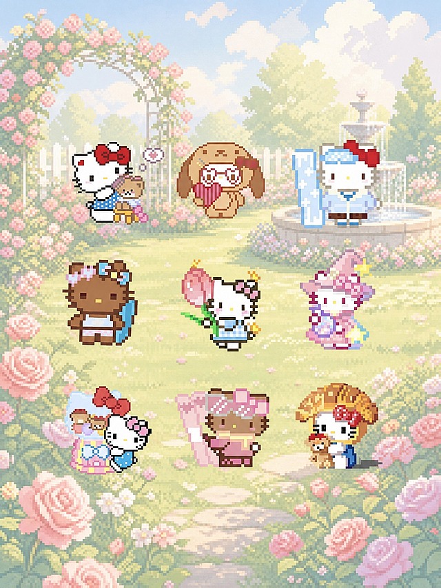 删除顶部的"Hellokitty"文字和两侧星星装饰；将9个Hello Kitty像素图案的位置随机打乱重新排列，保持三行三列均匀分布，每个图案大小不变；背景换成清新梦幻的花园实景，有盛开的鲜花、绿色草地和柔和阳光，色调柔和平淡，不要抢镜，能很好地衬托前景的像素图案；整体保持像素画风格，画面清晰干净