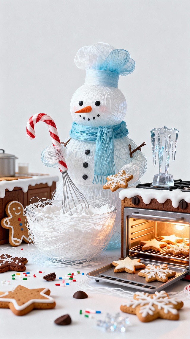 在一个全是姜饼和糖霜建成的厨房里，几个小雪人烘焙师正忙着。一个在用拐杖糖搅拌一大碗雪花糖霜，一个正用冰柱模具压出透明的“冰晶饼干”。烤箱里散发着暖光，正在烤星星形状的雪花饼干。到处散落着彩糖粒和巧克力片。