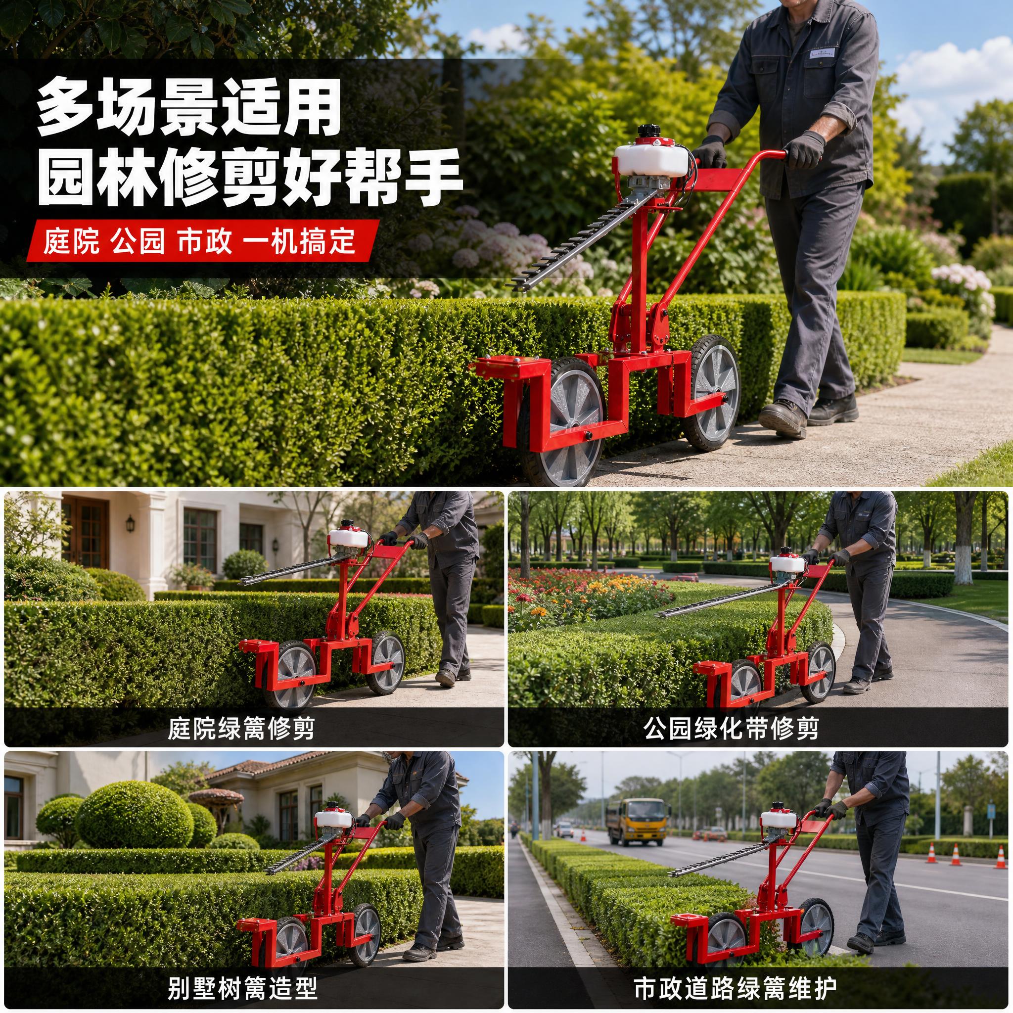 [主图-4] 多场景园林修剪适用图，核心任务是展示手推式绿篱机… - 图片创意预览