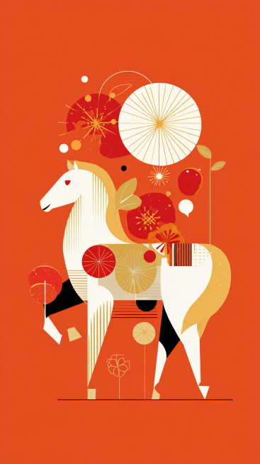 简约扁平矢量风，核心设计： 极简、风格化的马侧影，由曲线和形状构成。
元素融合： 与橘子、鞭炮、中国结等新年图标巧妙结合。
风格与用途： 扁平矢量设计，干净几何，红白金配色，明确适合现代海报、Logo预览效果